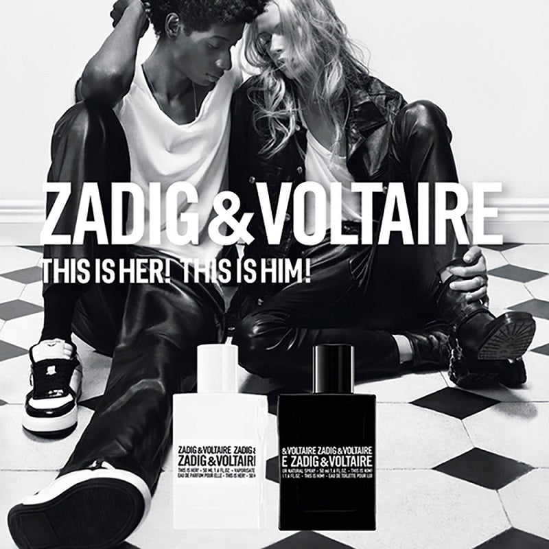 This is Him! 100 ml Eau de Toilette by Zadig & Voltaire – set in a sleek urban scene evoking confidence, warmth, and effortless edge.