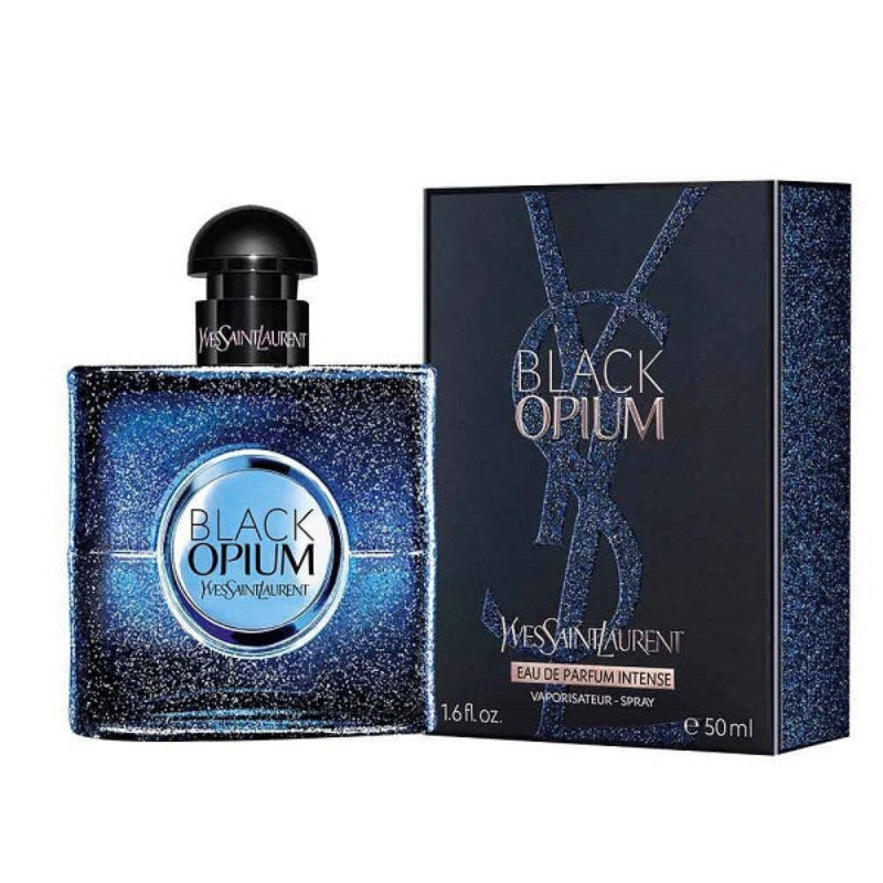 The product image shows the Black Opium Intense perfume by Yves Saint Laurent in a 50ml bottle alongside its packaging box.