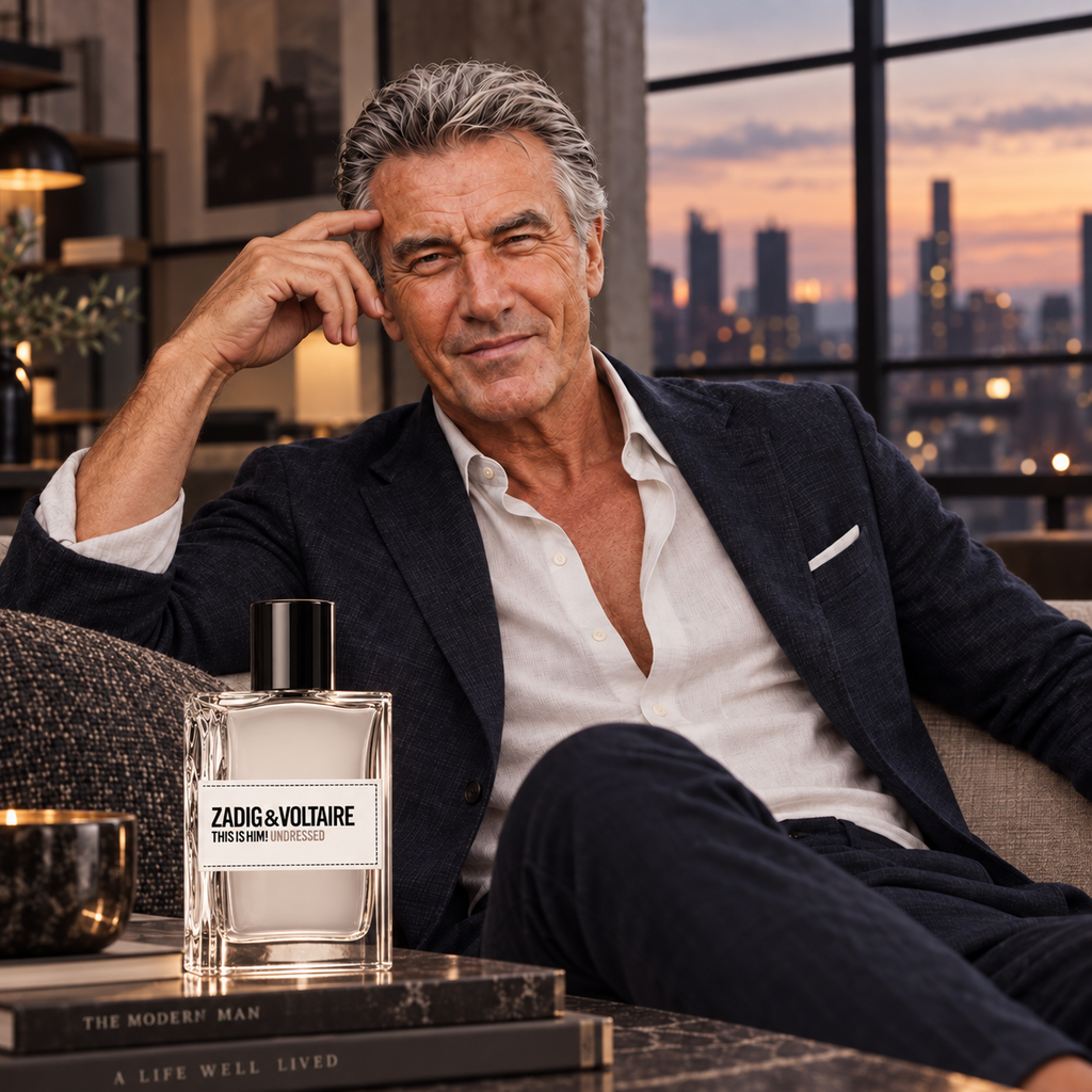 A man in a dark blazer and white shirt relaxes in a modern living room setting with a city skyline at sunset. In the foreground, a clear glass bottle of Zadig & Voltaire Freshly Washed perfume sits on a table.