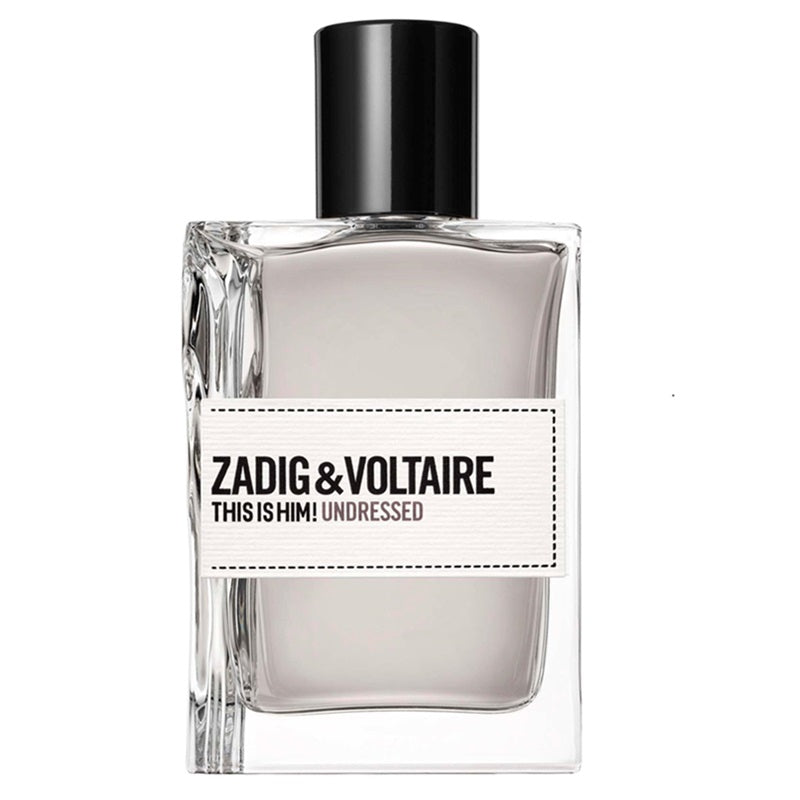 A bottle of Zadig & Voltaire This Is Him! Undressed fragrance, featuring a clear glass bottle with a black cap and a white label with black text, set against a plain white background.