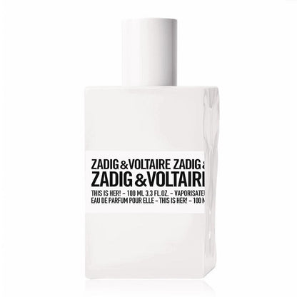 This is Her! 100 ml Eau de Parfum bottle by Zadig & Voltaire – minimalist white design with embossed logo reflecting refined modern femininity.