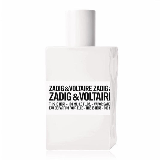 This is Her! 100 ml Eau de Parfum bottle by Zadig & Voltaire – minimalist white design with embossed logo reflecting refined modern femininity.