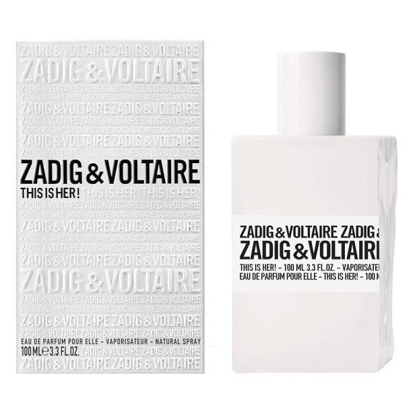 This is Her! 100 ml Eau de Parfum by Zadig & Voltaire – white box and bottle pairing that captures effortless Parisian style and elegance.