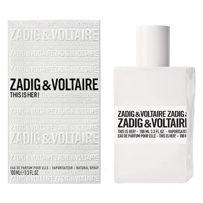 This is Her! 100 ml Eau de Parfum by Zadig & Voltaire – white box and bottle pairing that captures effortless Parisian style and elegance.