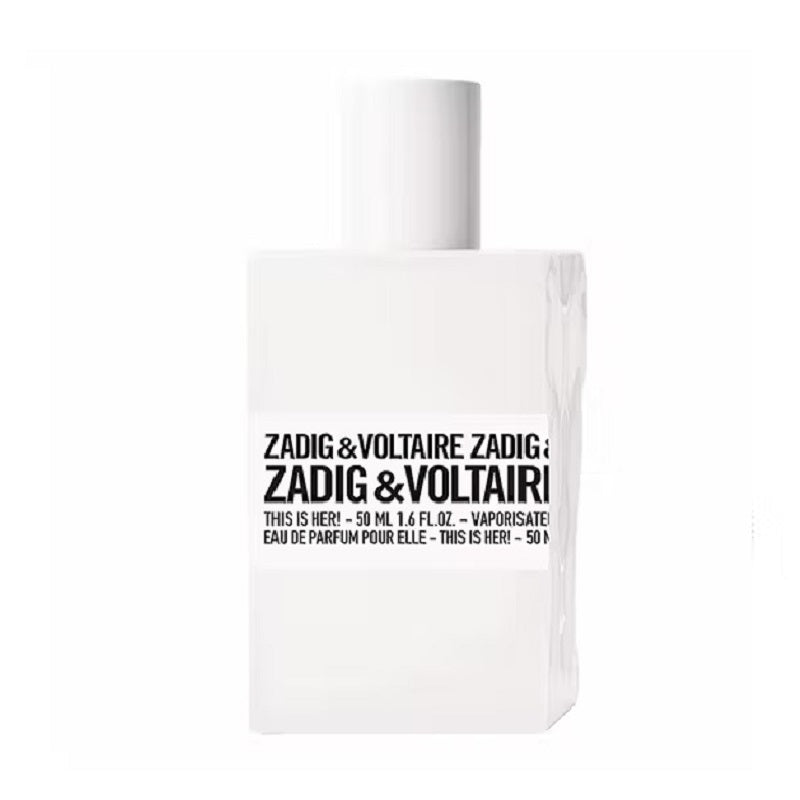 This is Her! 50 ml Eau de Parfum bottle by Zadig & Voltaire – minimalist white design with embossed logo expressing refined modern femininity.