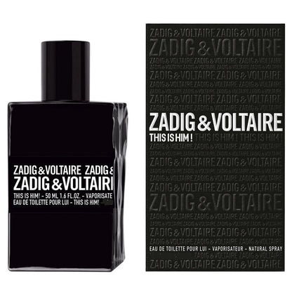 This is Him! 50 ml Eau de Toilette by Zadig & Voltaire – black box and bottle pairing reflecting modern minimalism and Parisian rock attitude.