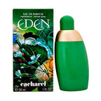 A green bottle of Eden Eau de Parfum by Cacharel, with a gold cap and a colorful floral box in the background.