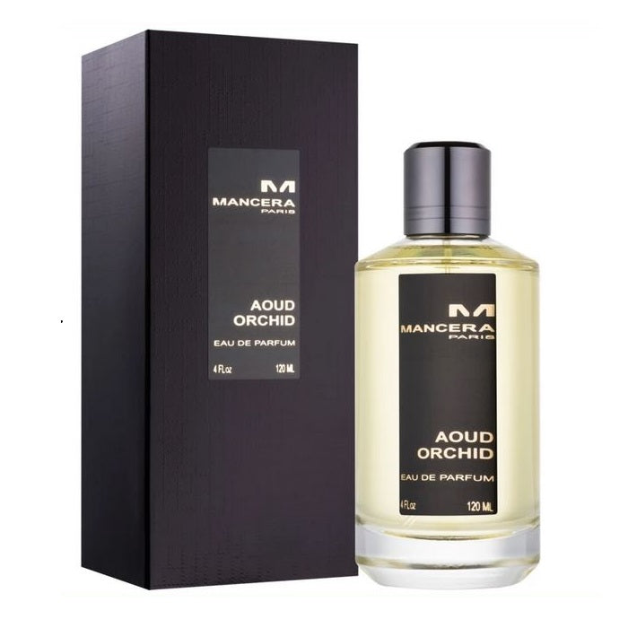 A bottle of Aoud Orchid Eau De Parfum by Mancera next to its black packaging box.