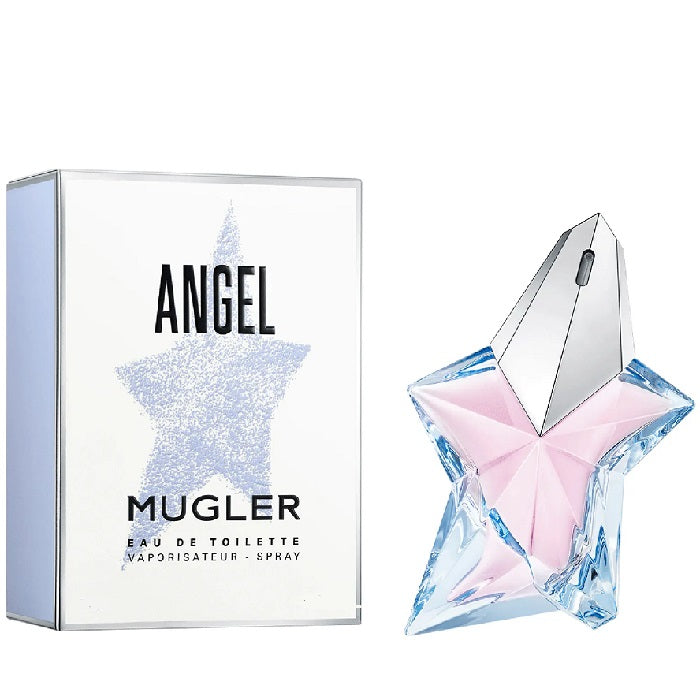 The product image shows the Angel Eau de Toilette by Mugler in a star-shaped 100ml bottle alongside its packaging box.