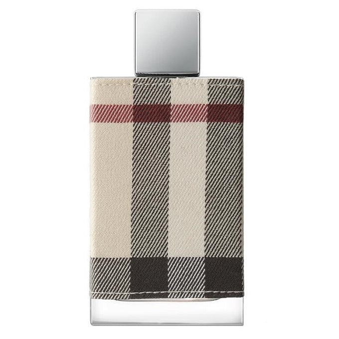 Bottle of Burberry London Fabric (100ml) Eau de Parfum with a beige and red checkered design on the packaging.