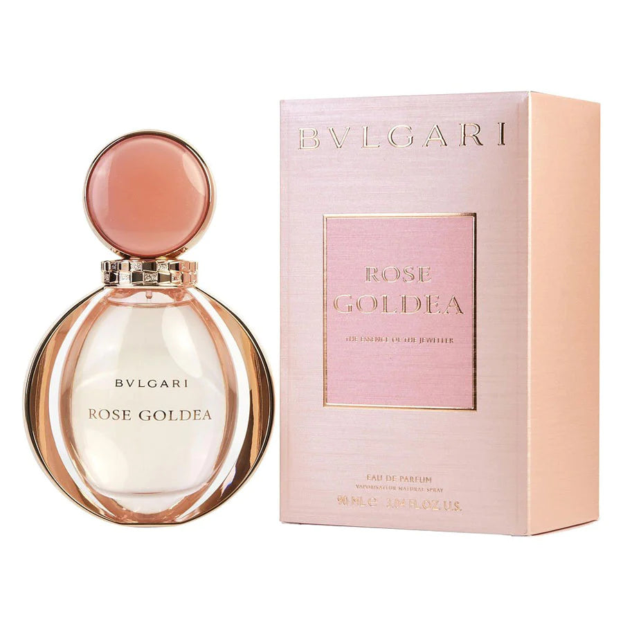 A product image featuring the Bvlgari Rose Goldea Eau de Parfum bottle and packaging. The bottle is in front of the box, which is pink with a clear window showing the product name and quantity.