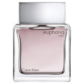A glass bottle of Euphoria Men Eau de Toilette by Calvin Klein with a silver cap and label.