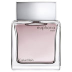 A glass bottle of Euphoria Men Eau de Toilette by Calvin Klein with a silver cap and label.