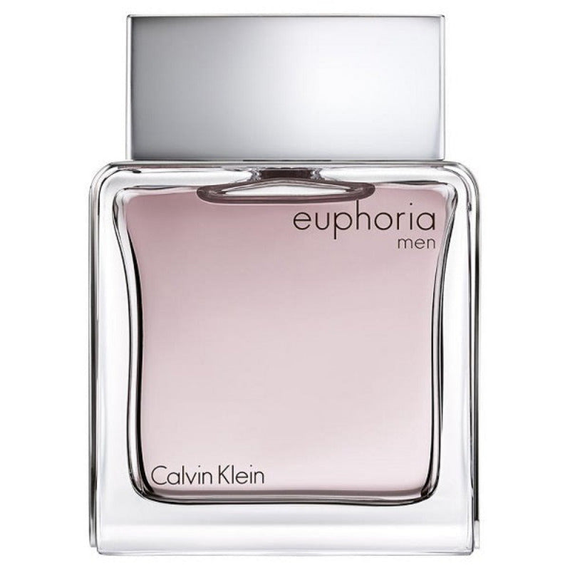 A glass bottle of Euphoria Men Eau de Toilette by Calvin Klein with a silver cap and label.