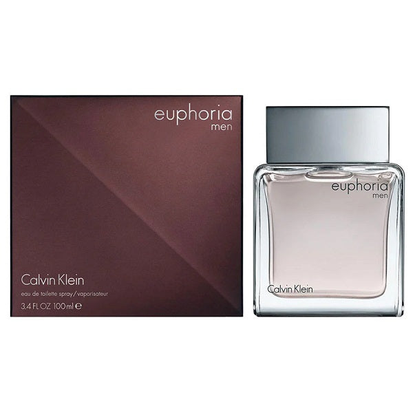 A product image featuring Calvin Klein Euphoria Men Eau de Toilette, with a 100ml spray bottle in front of its dark box packaging.