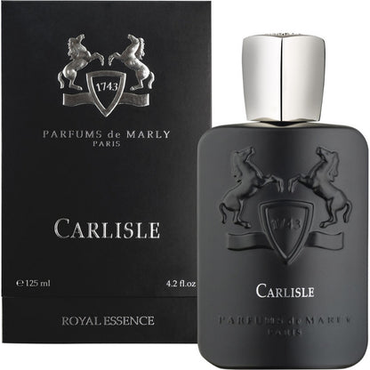 A product image featuring the Carlisle Royal Essence Eau de Parfum by Parfums De Marly, presented in a black bottle with a silver cap, alongside its packaging box.