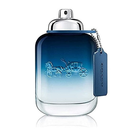 A glass bottle of Coach Blue Men Eau de Toilette with a blue to clear gradient and a silver cap, featuring an embossed design of a horse and carriage.