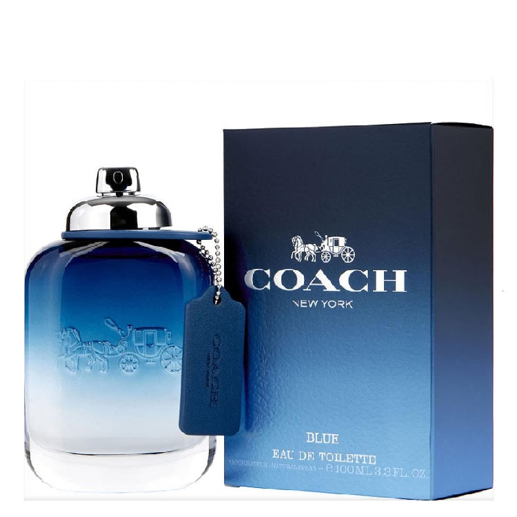 A blue bottle of Coach Blue Men's Eau de Toilette with a silver cap, accompanied by its packaging box.