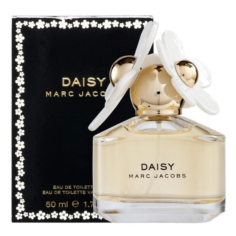 A product image featuring a 50ml bottle of Daisy Eau de Toilette by Marc Jacobs, with a white floral cap, displayed in front of its black packaging box.