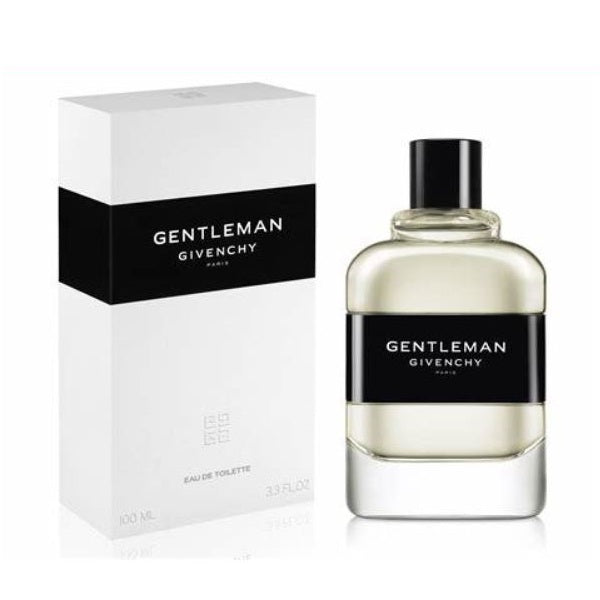 A bottle of Gentleman Givenchy Eau de Toilette next to its white box, both featuring the Givenchy brand logo