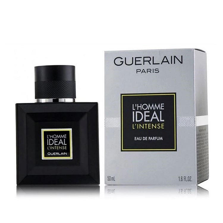 Product image showing a 50ml bottle of L'Homme Ideal L'Intense Eau de Parfum by Guerlain, with its packaging box.