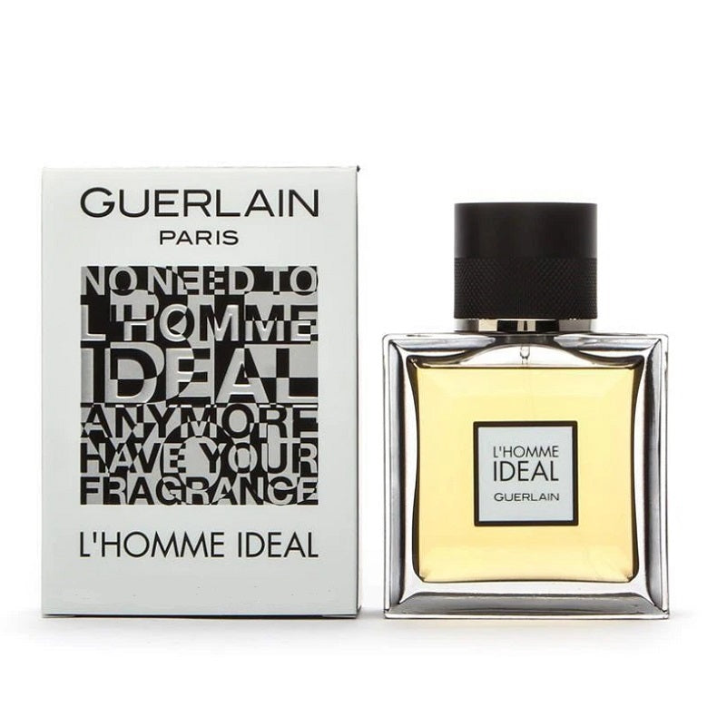 Guerlain L'Homme Ideal Eau de Toilette bottle and packaging, with text highlighting the product name and brand.
