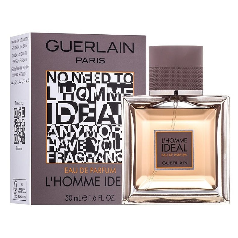 A bottle of Guerlain L'Homme Ideal Eau de Parfum next to its packaging box.