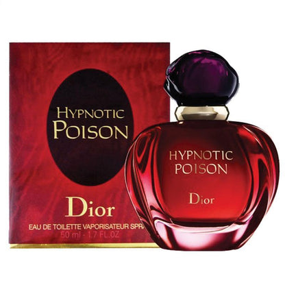 A product image featuring Hypnotic Poison Eau De Toilette by Christian Dior, with the perfume bottle displayed in front of its packaging box. The bottle is red with a purple cap, and the packaging has the text 'HYPNOTIC POISON Dior' prominently displayed.