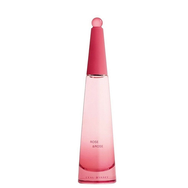 A pink, conical bottle of 'Rose & Rose Intense' eau de parfum by Issey Miyake.