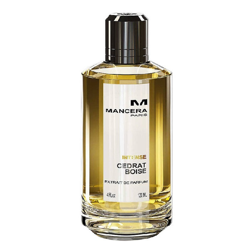 A glass bottle of Mancera Cedrat Boise Intense Eau de Parfum with a black cap and a yellow-tinted perfume visible inside.