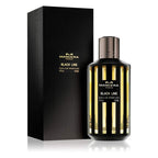 A bottle of Black Line Eau de Parfum by Mancera with a striped black and gold design, accompanied by its packaging box.