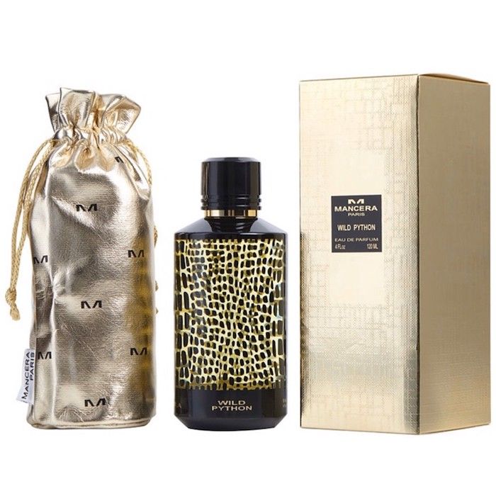 The product image features the Wild Python (120m) Eau de Parfum by Mancera, which includes a gold-toned bottle with a black label, a decorative box, and a metallic carrying pouch.
