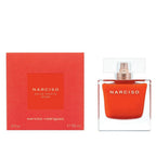 A red bottle of Narciso Rouge Eau de Toilette by Narciso Rodriguez with its matching red box.