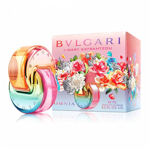 A product image featuring the Omnia Mary Katrantzou (65ml) Eau de Parfum by Bvlgari, with a colorful bottle and a box adorned with floral design.