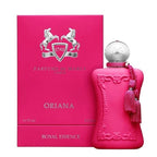 A pink bottle of Oriana eau de parfum by Parfums De Marly with a matching pink box, both featuring a white unicorn and horse logo.