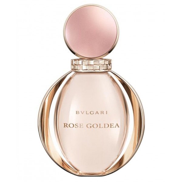 A glass bottle of Bvlgari Rose Goldea eau de parfum with a pink cap and a gold label.