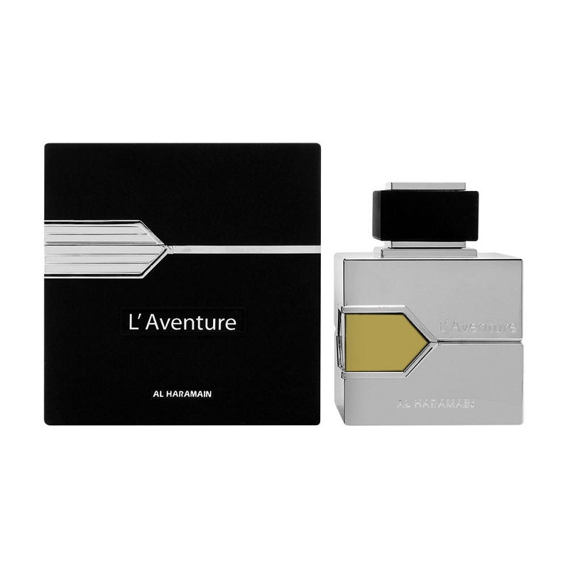 A product image featuring the packaging and bottle of L'Aventure Homme Eau De Parfum by Al Haramain, with a black and silver design.