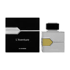 A product image featuring the packaging and bottle of L'Aventure Homme Eau De Parfum by Al Haramain, with a black and silver design.