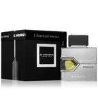 A product image featuring a bottle of L'Aventure Intense Homme Eau De Parfum by Al Haramain, with a sleek black and silver packaging. The bottle is clear, showcasing the yellowish liquid inside.