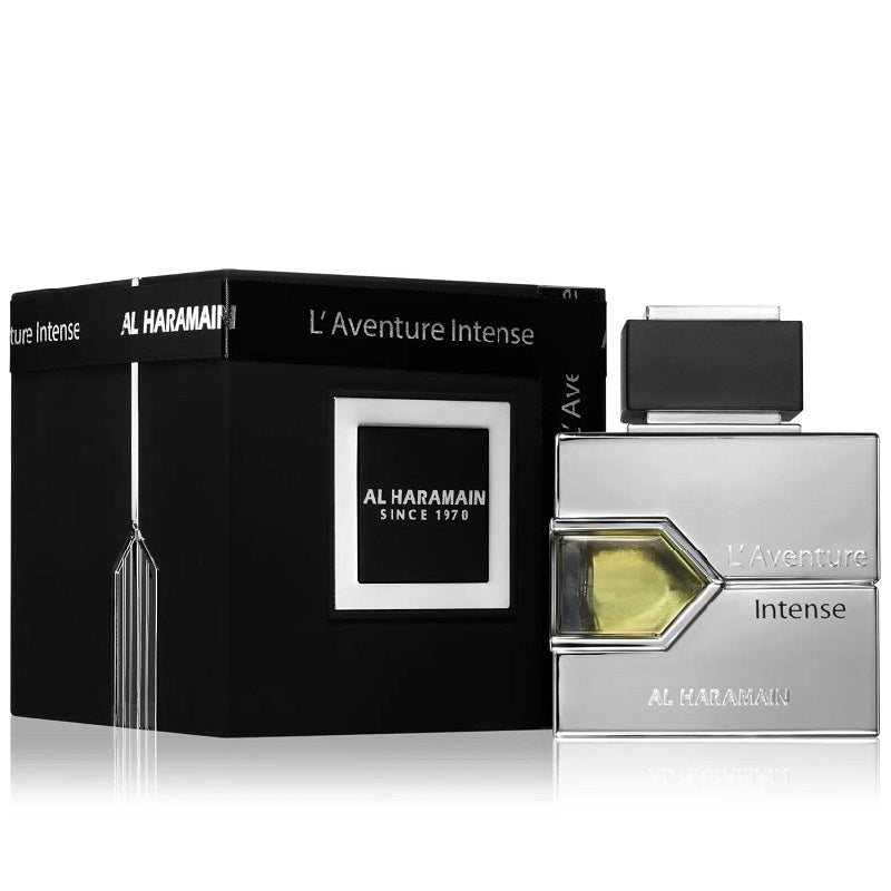 A product image featuring a bottle of L'Aventure Intense Homme Eau De Parfum by Al Haramain, with a sleek black and silver packaging. The bottle is clear, showcasing the yellowish liquid inside.