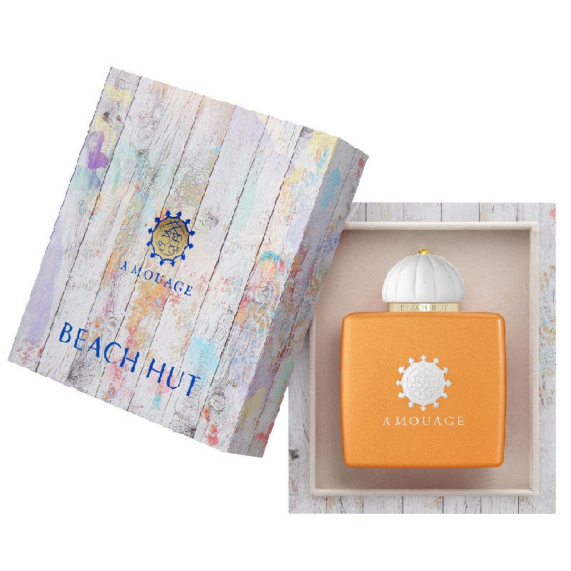 Amouage Beach Hut Woman perfume bottle and packaging – luxury presentation inspired by the ocean.