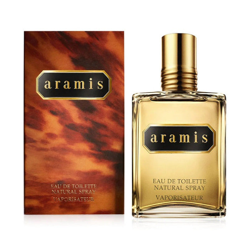 Aramis Classic Eau de Toilette bottle and packaging, with a brown and gold color scheme.