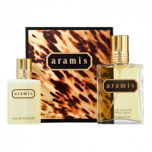 Aramis Classic men's cologne gift set packaging with a 110ml Eau de Toilette spray bottle and a 50ml Eau de Toilette spray bottle in front of a box with a leopard spot pattern.