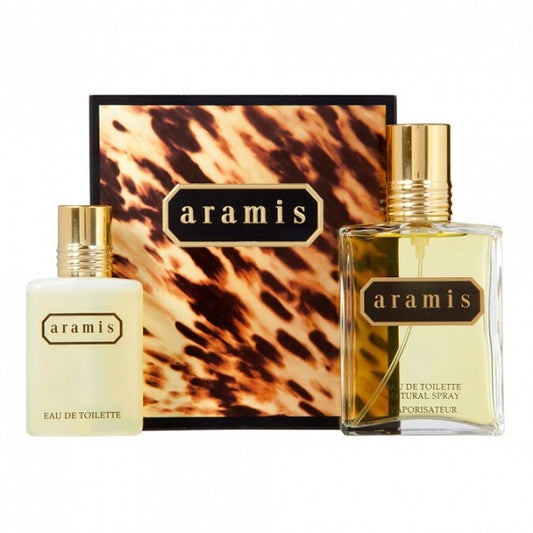 Aramis Classic men's cologne gift set packaging with a 110ml Eau de Toilette spray bottle and a 50ml Eau de Toilette spray bottle in front of a box with a leopard spot pattern.