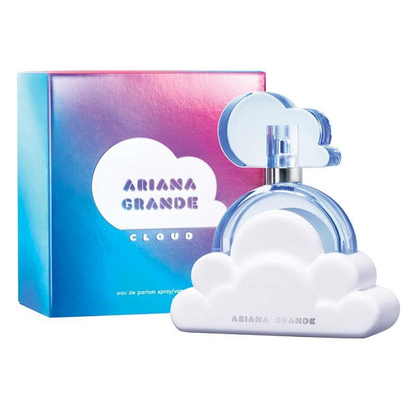 Ariana Grande Cloud Eau de Parfum bottle with packaging, featuring a white cloud design on a blue background.