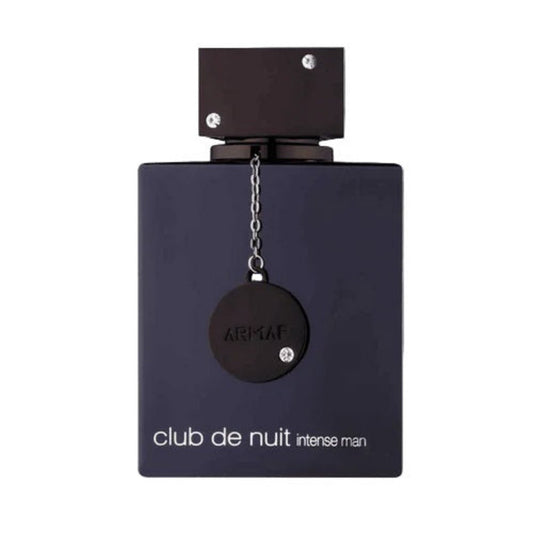 A black bottle of Club de Nuit Intense Man eau de toilette by Armaf with a metallic cap and chain detail, labeled with the product name.