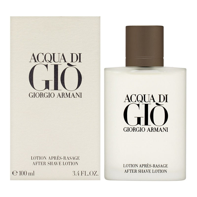 The image shows a product packaging for Acqua Di Gio After Shave Splash by Giorgio Armani, featuring a white box and a clear bottle with the after shave lotion inside. The packaging text is in black and brown, indicating the brand and product name.
