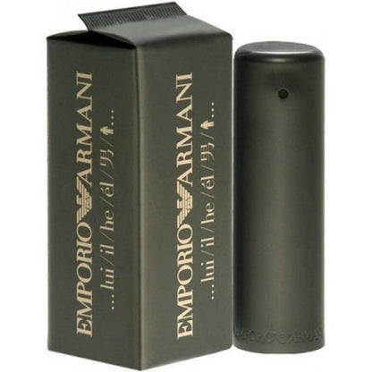 Emporio Armani 'He' eau de toilette in original packaging with black and silver color scheme, containing a 100ml spray bottle.