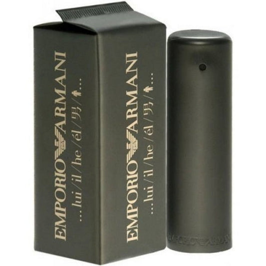 Emporio Armani 'He' eau de toilette in original packaging with black and silver color scheme, containing a 100ml spray bottle.