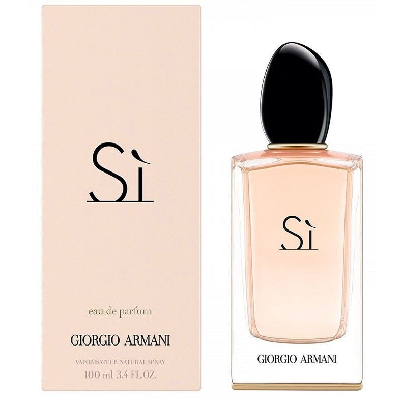 A product image featuring a Armani Sí - 100ml Eau de Parfum bottle with its packaging, labeled for women.